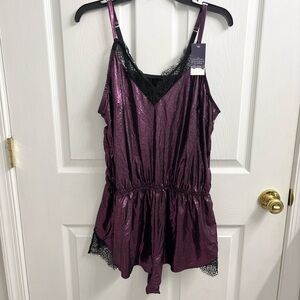 Cacique Romper Lingerie 18/20 Sleep Loungewear Lace Trim Purple Foil Metallic